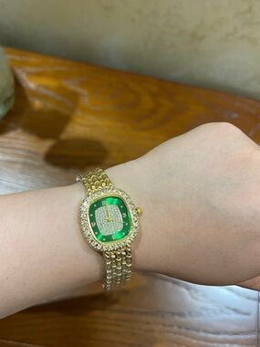 Gold Tone Bracelet Watch with Green Crystal Dial - battery included